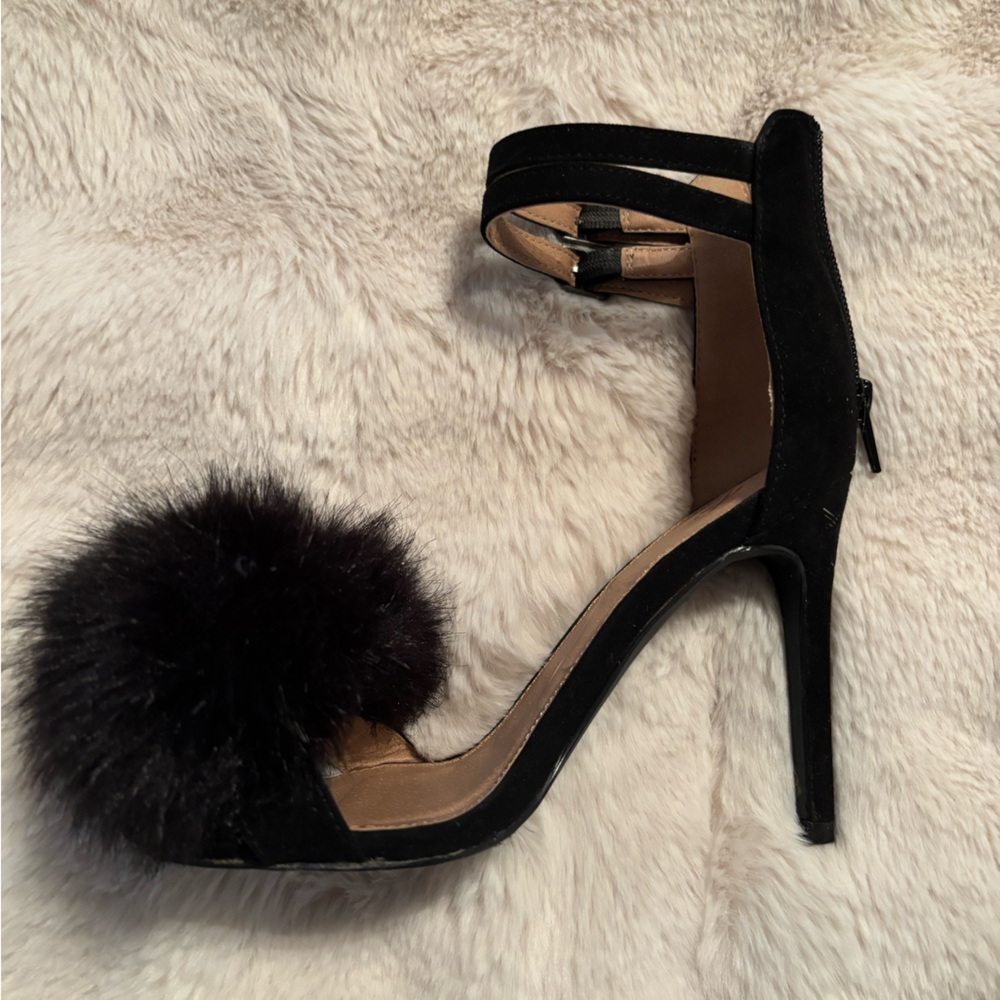 Chic Black Pom-Pom Ankle Strap Heels